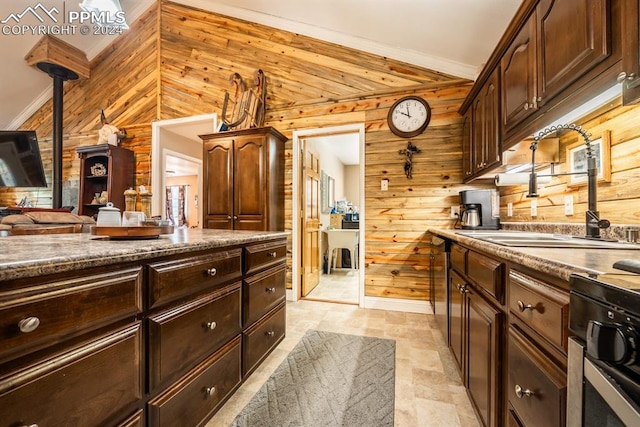 kitchen with sink, wood walls, dark brown cabinetry, and light tile patterned floors