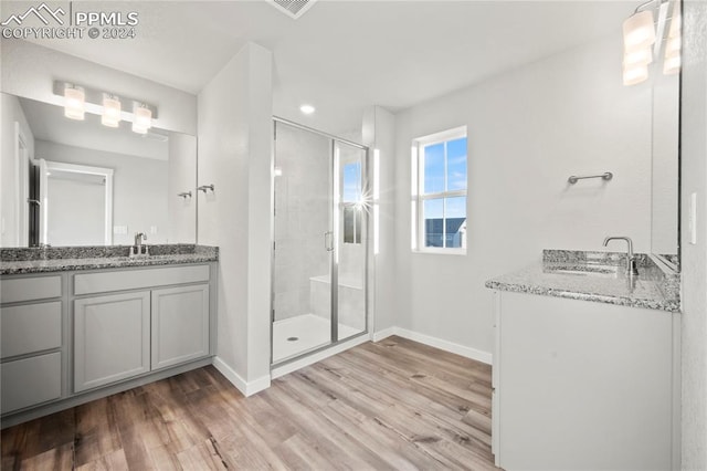 bathroom featuring hardwood / wood-style floors, vanity, and walk in shower