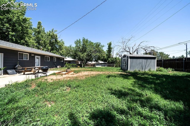 view of yard with a storage shed