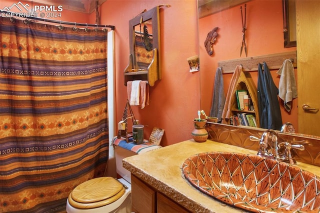 bathroom with vanity, a shower with shower curtain, and toilet