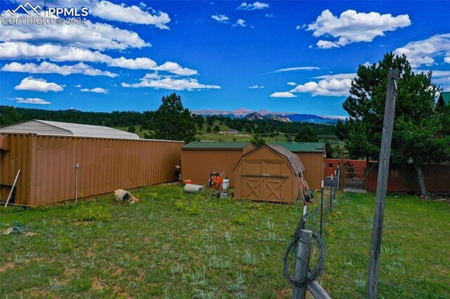 view of yard with a mountain view and a shed