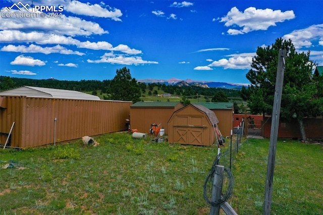 view of yard featuring a mountain view and a storage shed