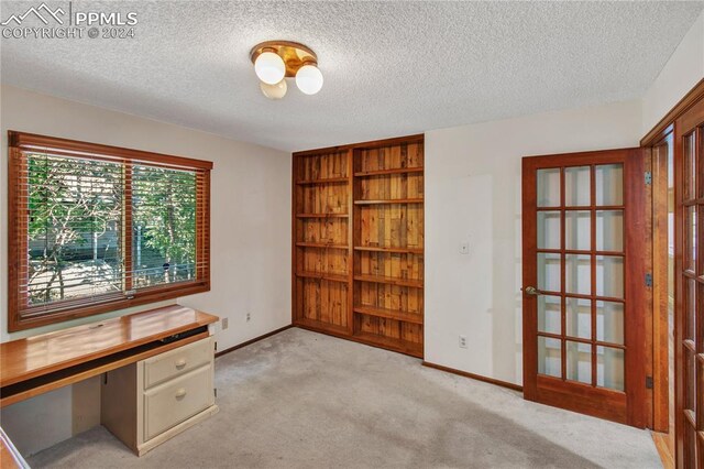 unfurnished office featuring a textured ceiling and light colored carpet