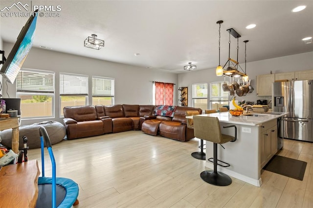 living room featuring sink and light hardwood / wood-style flooring