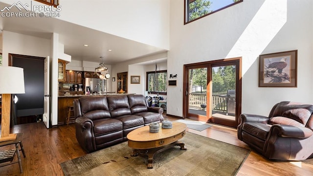 living room featuring a high ceiling and wood-type flooring