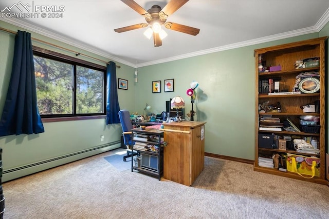 carpeted office with crown molding, a baseboard radiator, and ceiling fan