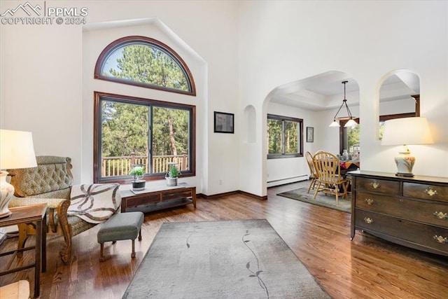 sitting room with a high ceiling, a baseboard radiator, and dark wood-type flooring