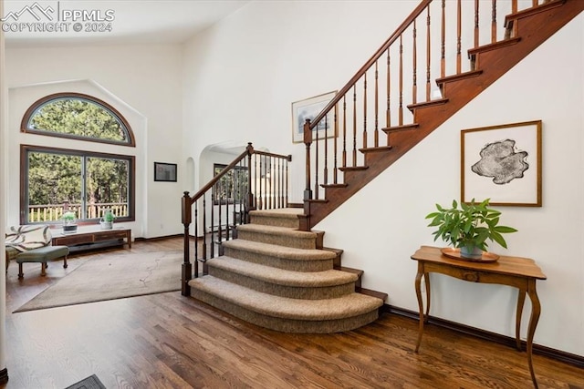 entryway with a towering ceiling and hardwood / wood-style floors