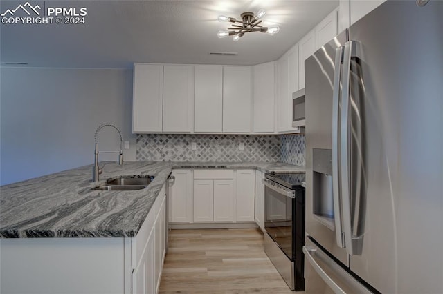 kitchen featuring appliances with stainless steel finishes, white cabinetry, sink, light stone counters, and kitchen peninsula