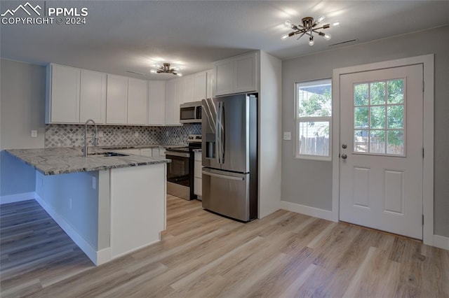 kitchen with white cabinetry, sink, backsplash, kitchen peninsula, and stainless steel appliances