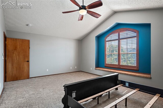 miscellaneous room with a textured ceiling, ceiling fan, lofted ceiling, and carpet flooring