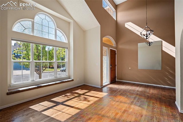 foyer entrance featuring high vaulted ceiling, a healthy amount of sunlight, and hardwood / wood-style flooring