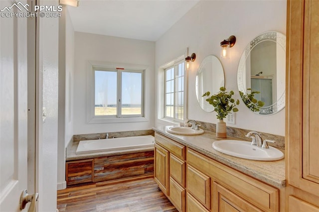 full bath featuring a sink, double vanity, wood finished floors, and a garden tub