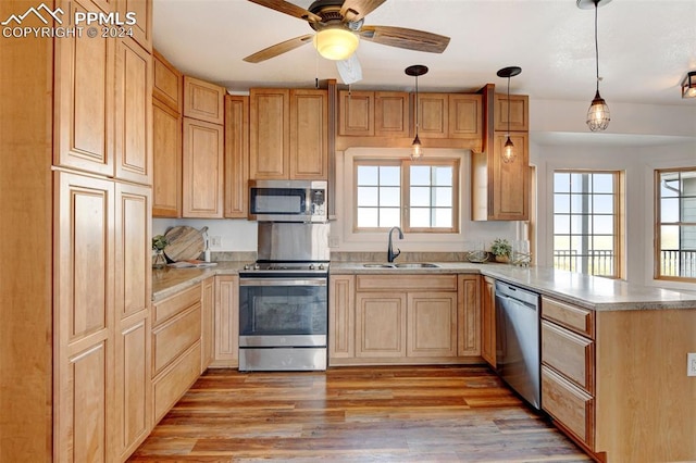 kitchen with appliances with stainless steel finishes, light hardwood / wood-style flooring, sink, kitchen peninsula, and decorative light fixtures