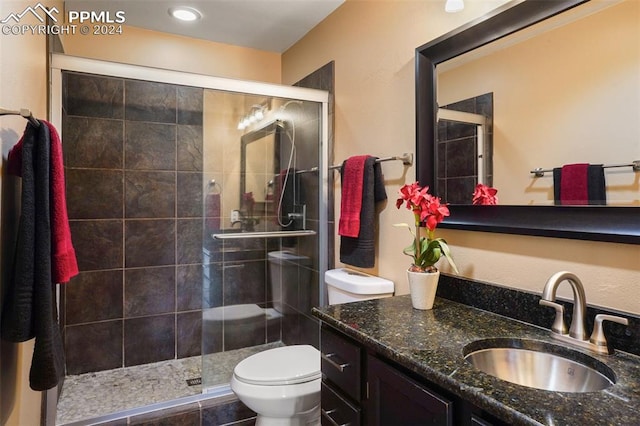 bathroom with walk in shower, vanity, and toilet