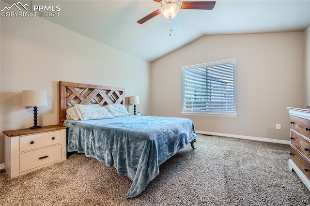 carpeted bedroom featuring lofted ceiling and ceiling fan