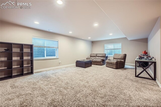 living area featuring carpet flooring