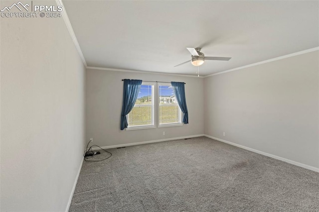 unfurnished room featuring carpet flooring, ceiling fan, and ornamental molding