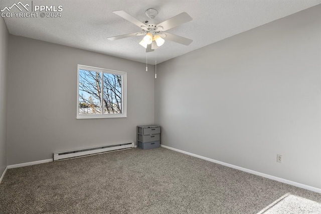 carpeted spare room featuring a textured ceiling, ceiling fan, and a baseboard radiator