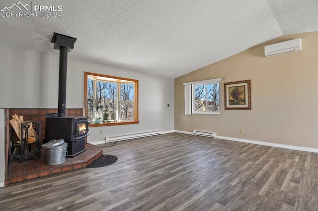 unfurnished living room with a wealth of natural light, a wood stove, a wall mounted AC, and dark hardwood / wood-style floors