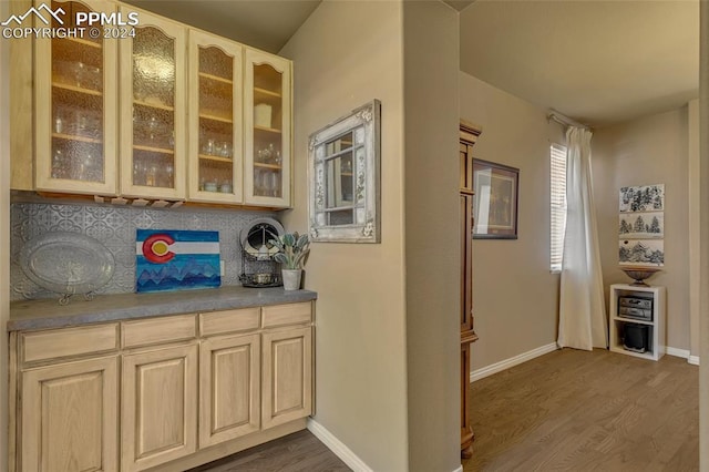 bar with light brown cabinetry, backsplash, and dark wood-type flooring