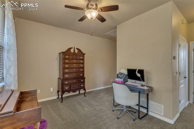 home office with carpet and ceiling fan