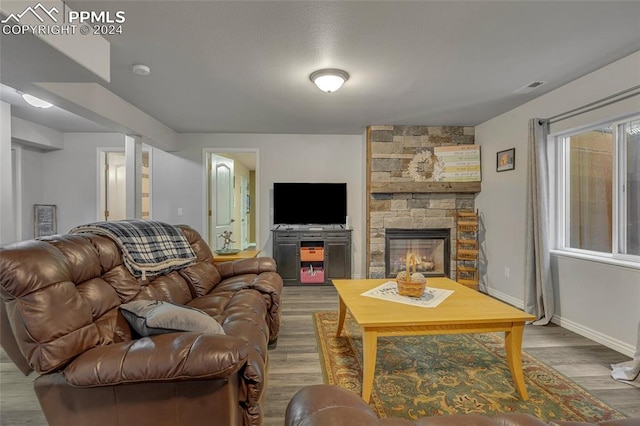 living room with hardwood / wood-style floors and a stone fireplace