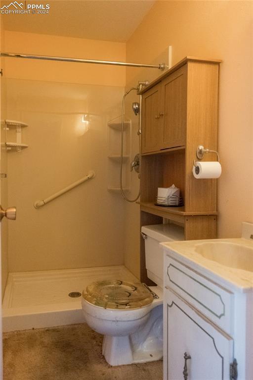 bathroom featuring a shower, vanity, and toilet