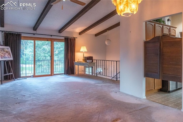 unfurnished living room with beamed ceiling, ceiling fan with notable chandelier, light colored carpet, and high vaulted ceiling