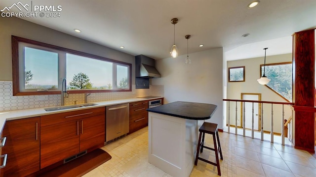 kitchen featuring light tile patterned flooring, decorative backsplash, stainless steel dishwasher, and sink