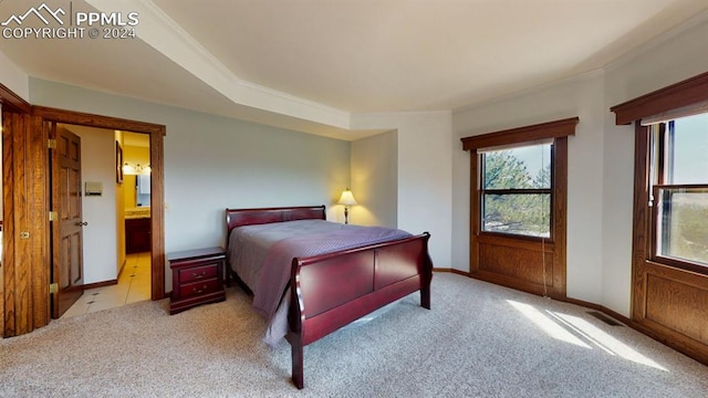 unfurnished bedroom with connected bathroom, light colored carpet, and crown molding