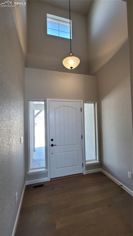 entrance foyer with dark wood-type flooring and a high ceiling