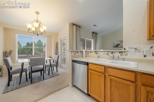 kitchen with pendant lighting, sink, light carpet, vaulted ceiling, and stainless steel dishwasher