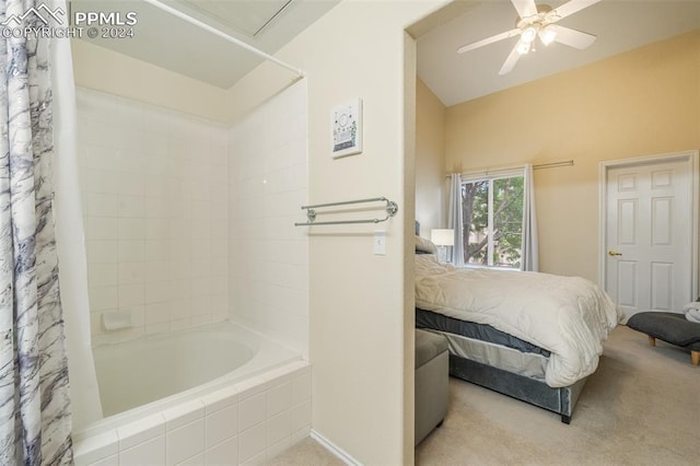 bathroom with shower / bath combination with curtain and ceiling fan