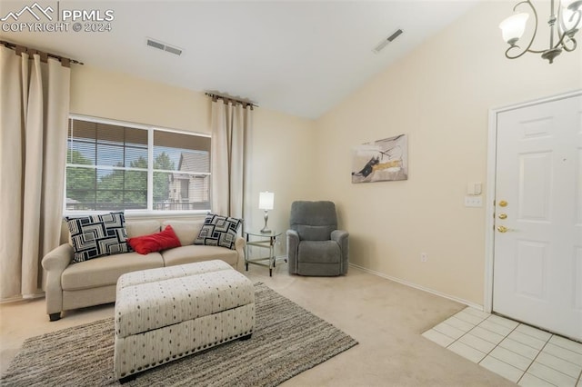 living room featuring lofted ceiling, carpet floors, and a chandelier