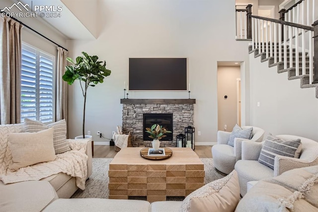 living room with a stone fireplace and hardwood / wood-style floors