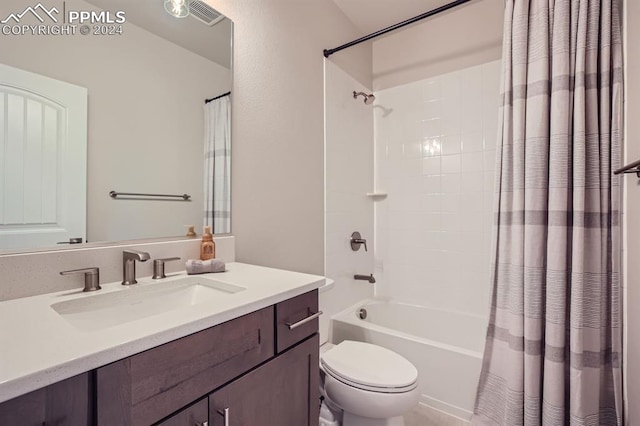 full bathroom with vanity, toilet, and shower / bathtub combination with curtain