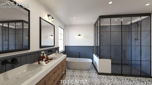 bathroom featuring vanity, crown molding, and independent shower and bath