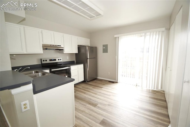 kitchen featuring appliances with stainless steel finishes, sink, kitchen peninsula, light hardwood / wood-style floors, and white cabinets