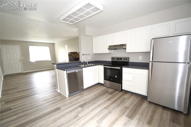 kitchen featuring white cabinets, kitchen peninsula, stainless steel appliances, and wood-type flooring