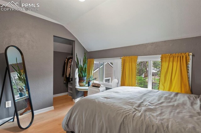 bedroom with lofted ceiling, light hardwood / wood-style floors, and a closet