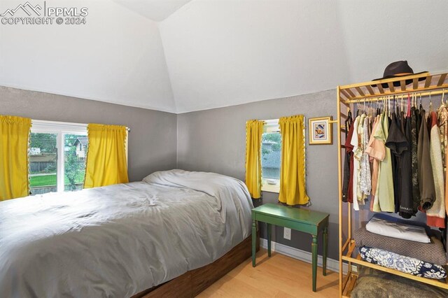 bedroom with lofted ceiling, light hardwood / wood-style floors, and a closet