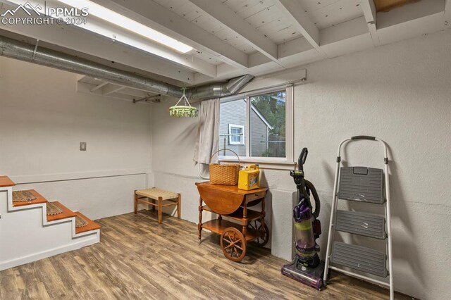 basement with wood-type flooring