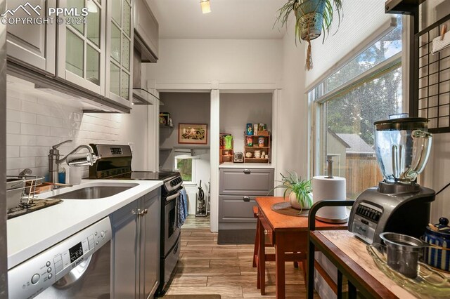 kitchen with decorative backsplash, dishwasher, stainless steel range with electric cooktop, and a healthy amount of sunlight