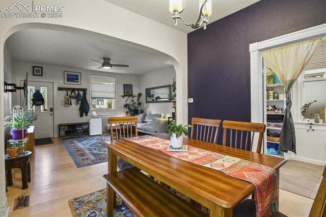 dining area featuring light hardwood / wood-style flooring and ceiling fan with notable chandelier