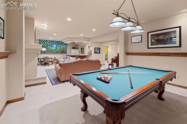 recreation room with light colored carpet and billiards