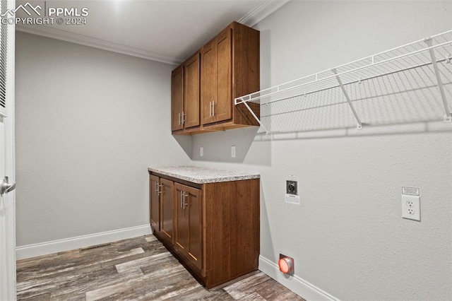 washroom with electric dryer hookup, cabinets, wood-type flooring, and ornamental molding