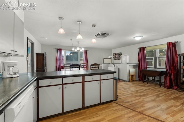 kitchen featuring an inviting chandelier, dishwasher, light hardwood / wood-style flooring, white cabinets, and decorative light fixtures