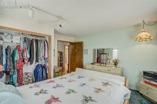 carpeted bedroom featuring rail lighting and a closet