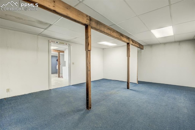 basement featuring a drop ceiling and carpet flooring